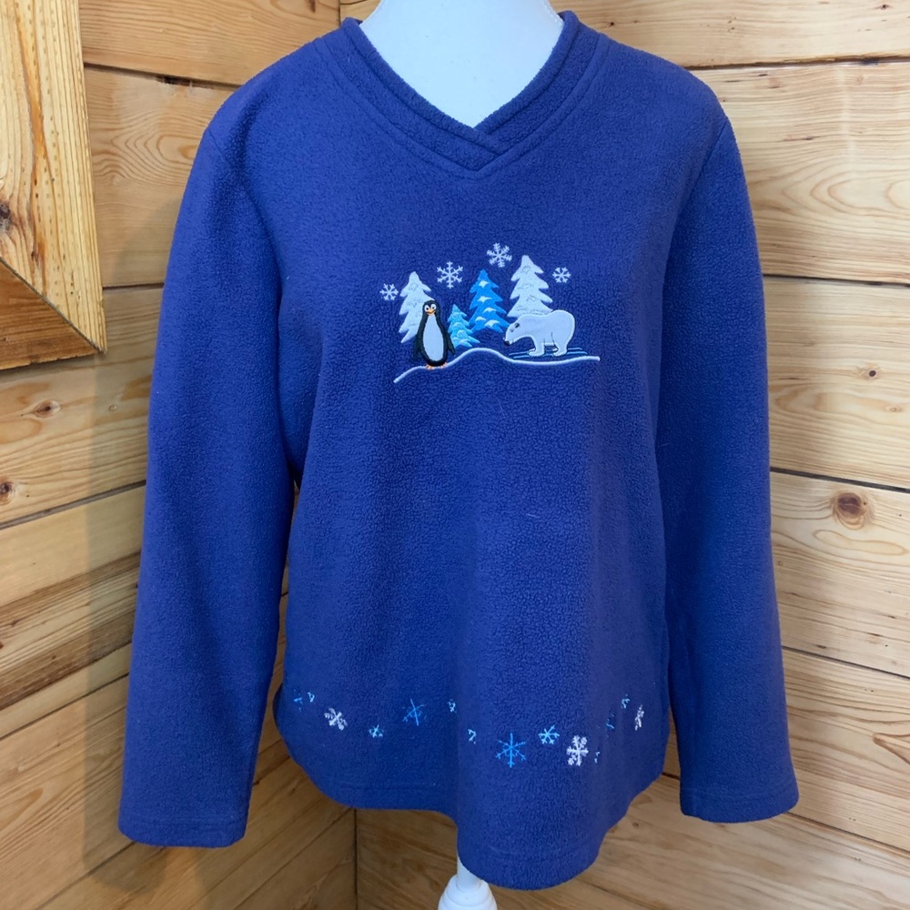 Blue Fleece Pullover V-Neck Winter Penguin Polar Bear Sweater Large